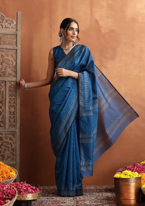 HOC Crafts Hand Block Chanderi Printed Women's Saree - Blue