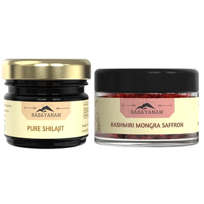 Rasayanam Pure Original Kashmiri Saffron/Kesar/Kumkuma Puvvu (1gm) and Pure Original Himalayan Shilajit/Shilajeet Resin 20g | Certified Highest Grade A | Combo Pack of 2