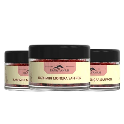 Rasayanam Pure Kashmiri Mongra Saffron/Kesar/Kumkuma Puvvu | Tested Grade A as per ISO 3632 | From the finest farmland of Pampore, J&K - PACK OF 3