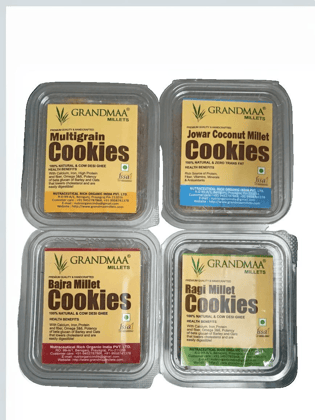 4 Combo Pack Millet Cookies (Each 200g) (Ragi Cow Desi Ghee Cookies, Bajra Cow Desi Ghee Cookies, Jowar Coconut Cookies, Multigrain Cookies)