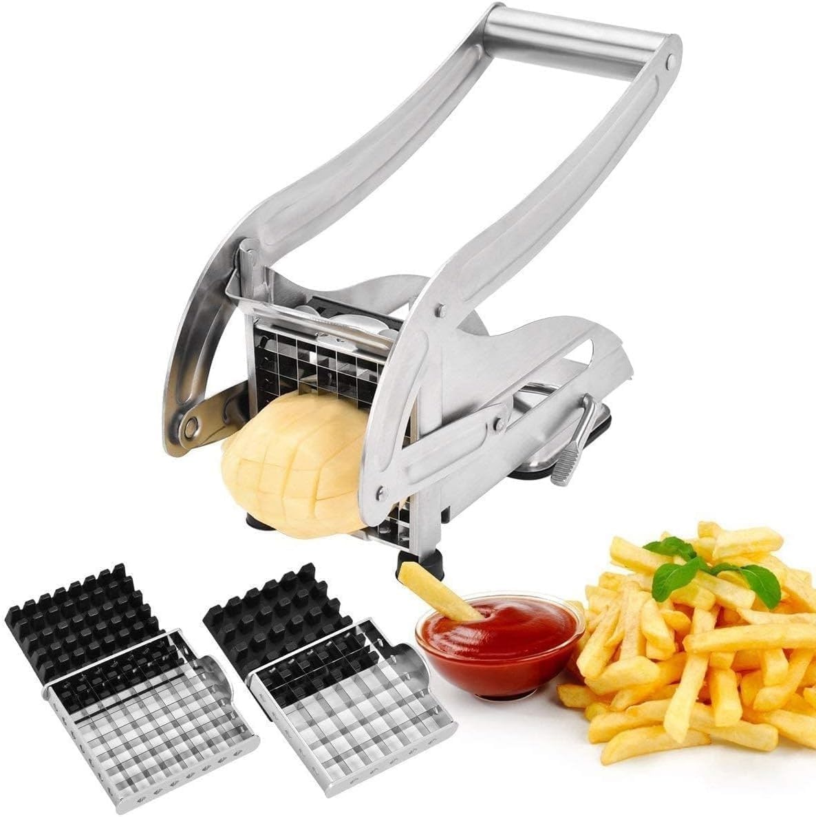 Stainless Steel Home French Fries Potato Chips Strip Cutting Cutter Machine Maker Slicer Chopper Dicer + 2 Blades