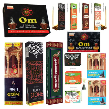 DARSHAN Incense Pooja Combo (INCENSES, Cones, Sticks, Cup SAMBRANI)