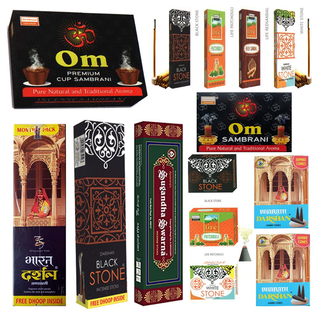 DARSHAN Incense Pooja Combo (INCENSES, Cones, Sticks, Cup SAMBRANI)