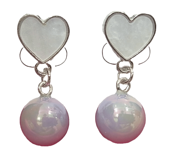  White Heart Earrings with Pink Pearl Drop