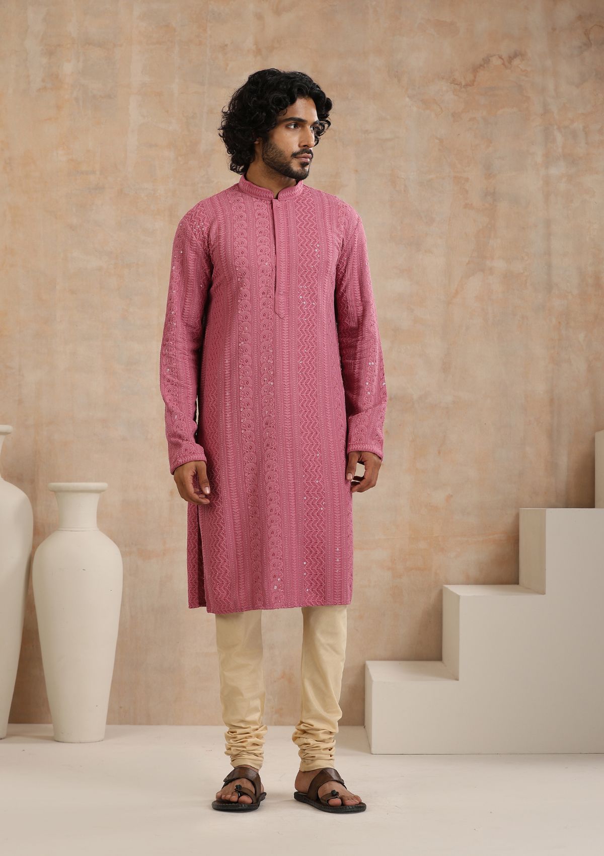 Rayon Schiffli Solid Men's Long Kurta- Muave