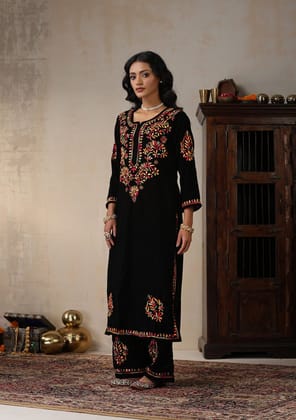 Velvet Chikankari Solid Women's 2 PC Long Kurta Set - Black