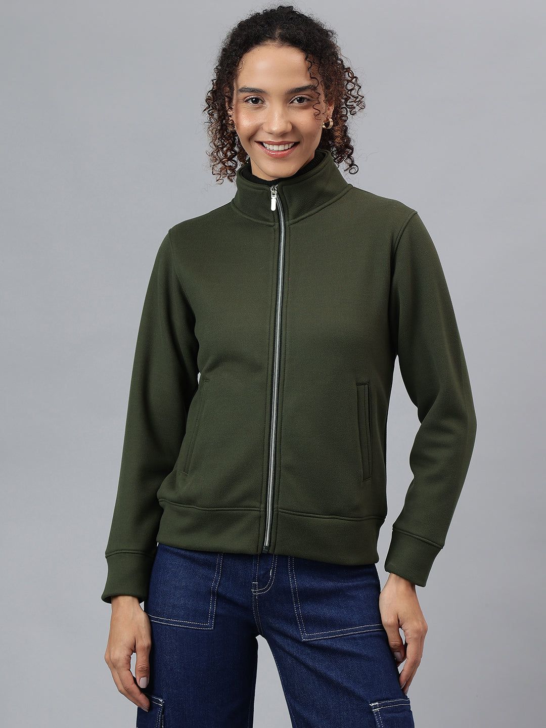 Richlook Women Olive Full Zipper Sweatshirt