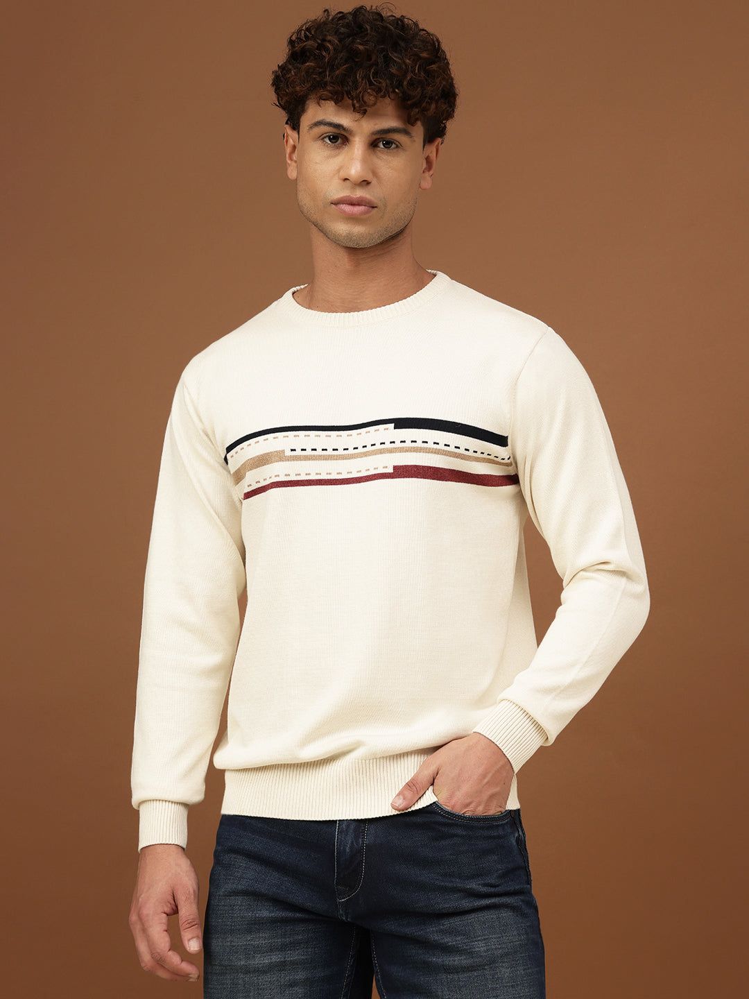 Richlook Men Ecru Crew Neck Sweater