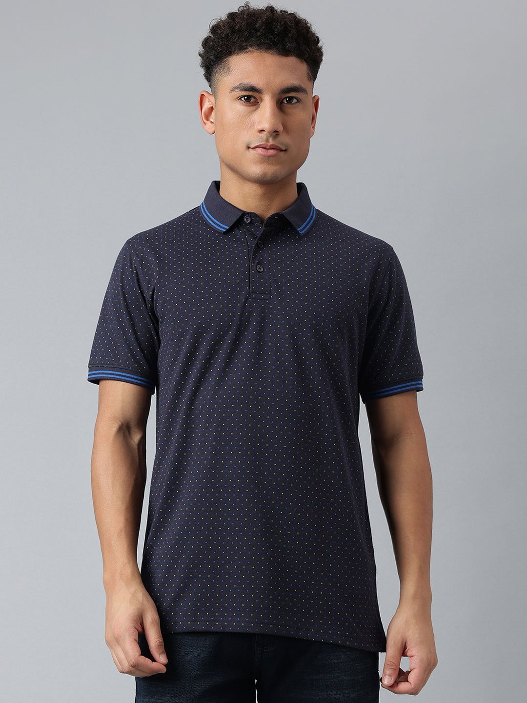 Men Dull Navy Regular Fit Polo Neck T-Shirt