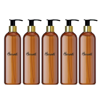 Harrods Empty Shampoo Pump Bottles Refillable Dispenser Container Liquid Soap Dispenser Pump Lotion Bottle Plastic Cylinder with Golden Pumps (Amber Bottle-5pc)