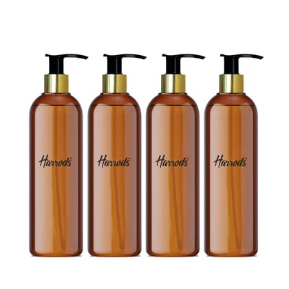 Harrods Empty Shampoo Pump Bottles Refillable Dispenser Container Liquid Soap Dispenser Pump Lotion Bottle Plastic Cylinder with Golden Pumps (Amber Bottle-4pc)