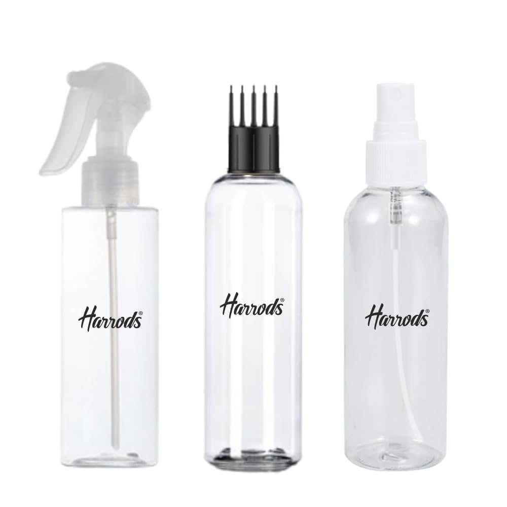 HARRODS 200ml Empty Plastic Bottles for Hair Application - Pack of 3 | Includes 1 Applicator, 1 Mist Spray, 1 Trigger Spray | Ideal for Rosemary Tea, Perfume, Rosewater | Travel-Friendly