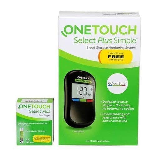 OneTouch Select Plus Glucometer with 10 Test Strips and 5 Lancets Free.