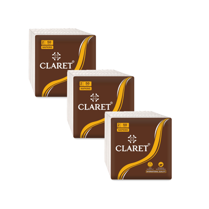 Claret 2-Ply Soft & Absorbent Napkins 30x30 cm, 100 Sheets (50 Pulls) – Eco-Friendly, Durable and Hygienic Napkins, Pack of 3