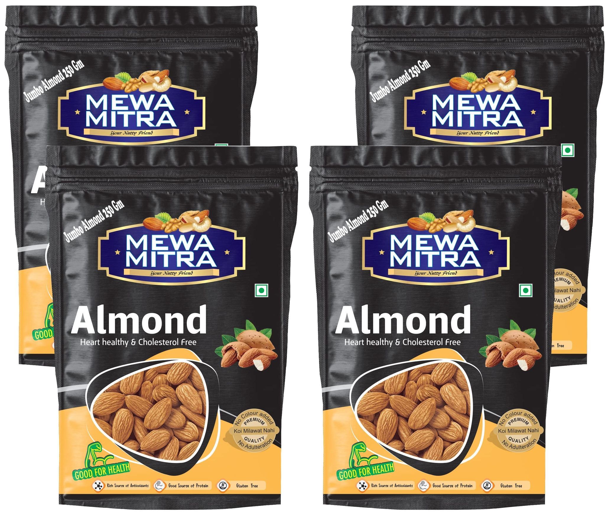 Premium California Jumbo Almonds By Mewa Mitra | Natural Raw Badam Rich in Fiber and Protein Nutritious and Delicious Crunchy Badam Giri - (250 Gram Pack of 4)