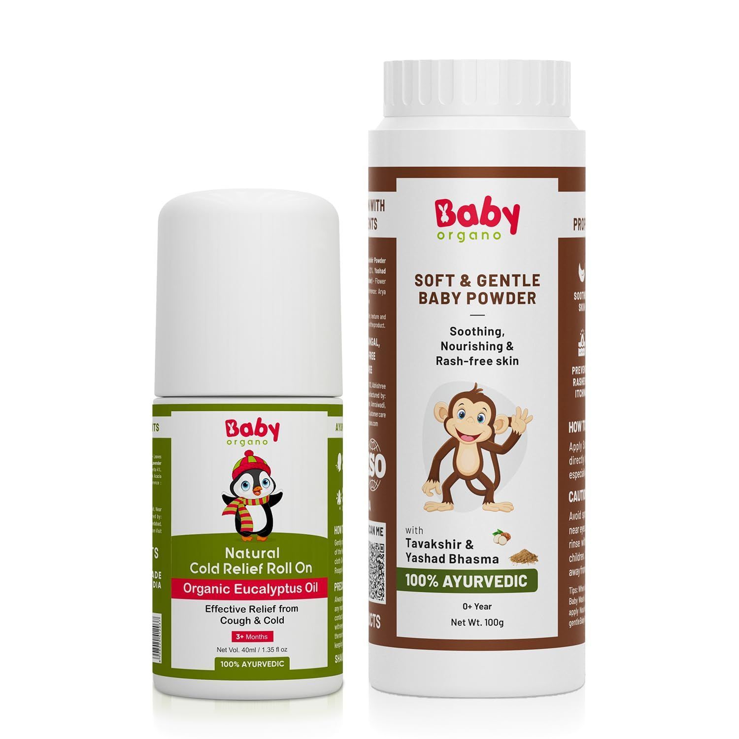 Babyorgano Ayurvedic Baby Powder for Skin itching Diaper Rash & Natural Cold Relief Roll On with Organic Eucalyptus Oil for Cough, Cold Combo