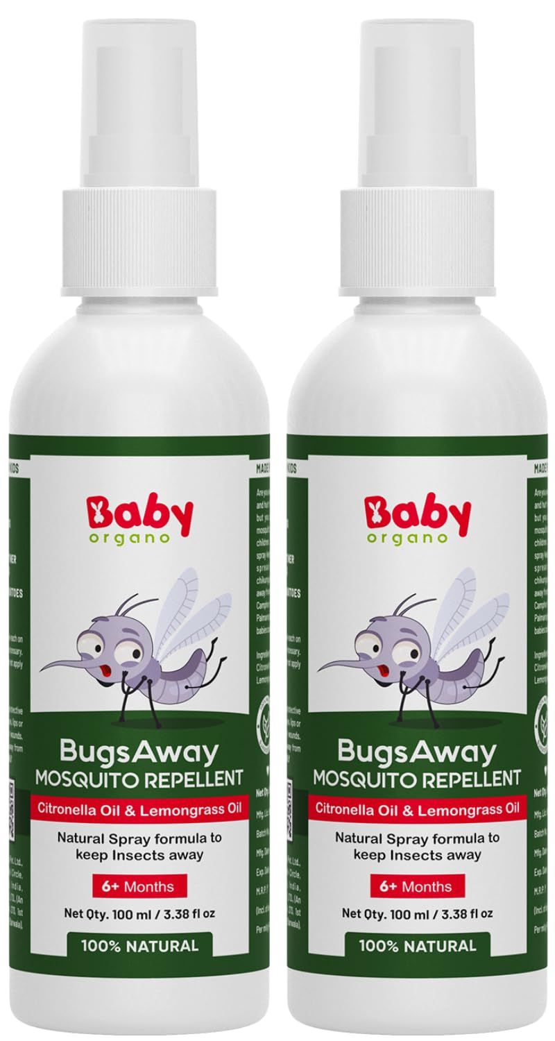 Babyorgano Insect Repellent Spray For Babies With Citronella & Lemongrass Oil, Deet Free 100% Protection from Mosquitoes 6m+ (100ml) Pack 2 Safe on Skin