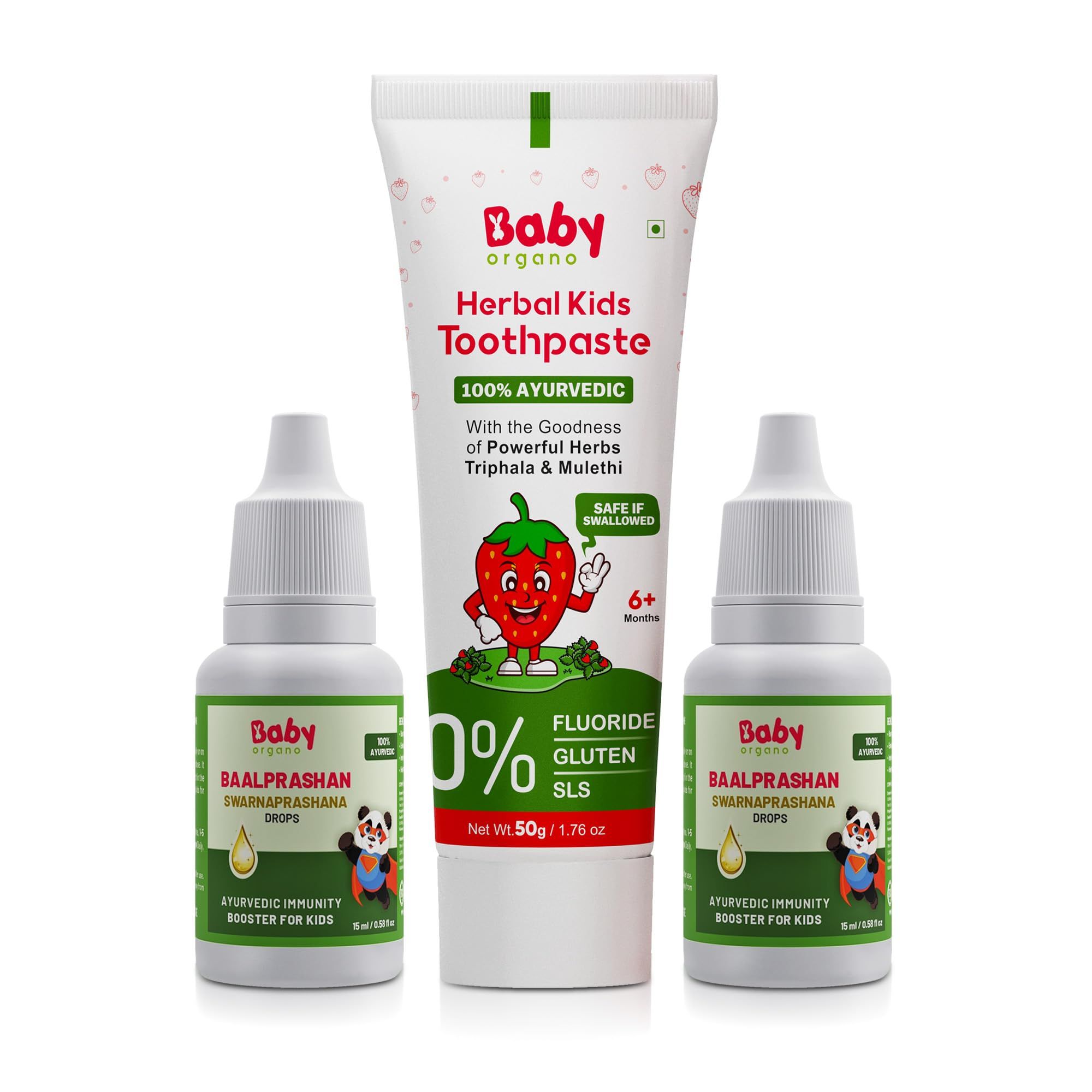 Babyorgano Swarnaprashan/Suvarnaprashan Drop & Herbal Strawberry Flavor Kids Toothpaste Combo (0-15 Years) | FDCA Approved