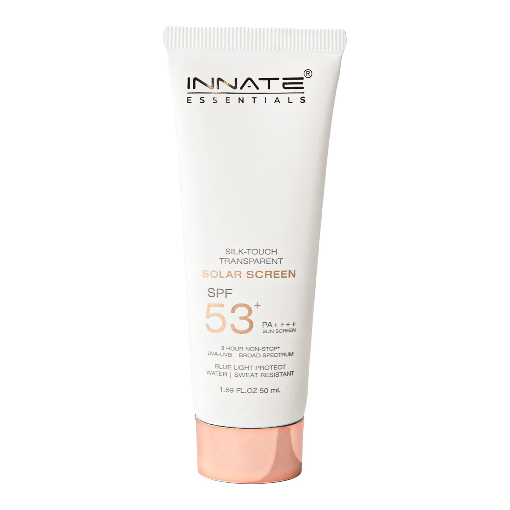 Innate's Silk-Touch Transparent Solar SPF 53+ PA++++ Sunscreen, Broad Spectrum UVA/UVB Protection, Blue Light Guard, Non-Comedogenic, Hypoallergenic | Suitable for Men & Women - 50ml