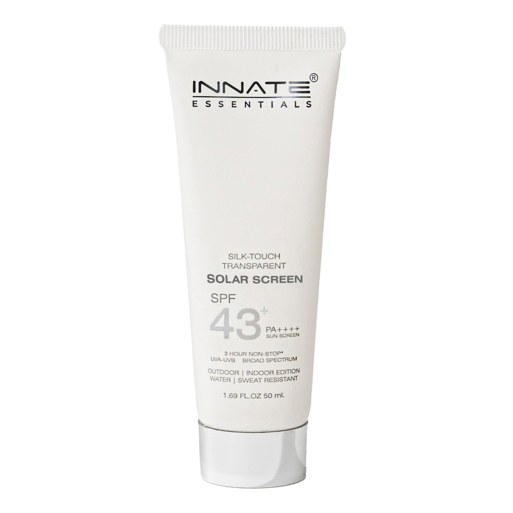 Innate's Silk-Touch Transparent Solar SPF 43+ PA++++ Sunscreen, Broad Spectrum UVA/UVB Protection, Blue Light Guard, Non-Comedogenic, Hypoallergenic | Suitable for Men & Women - 50ml