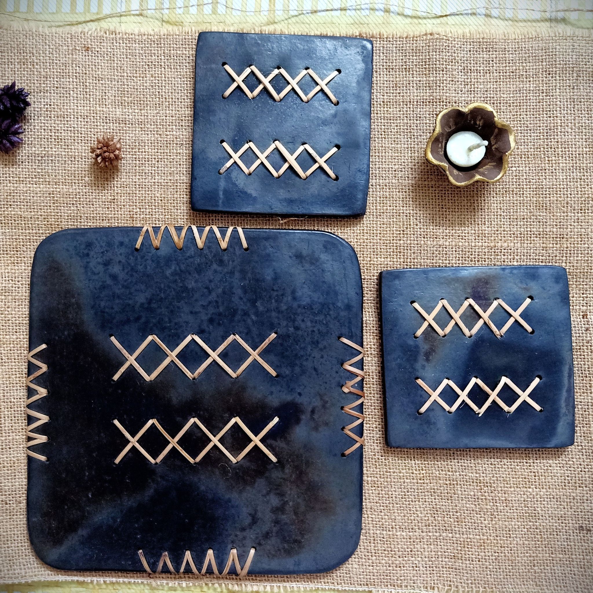 Longpi Black Pottery Trivet and Coaster Set