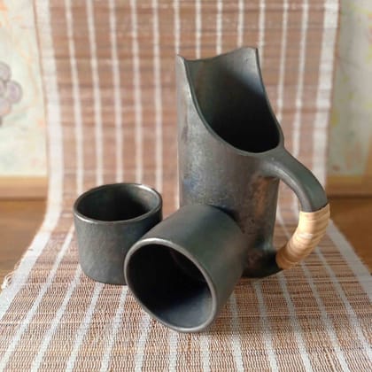 Longpi Black Pottery Jug & Tumblers Set