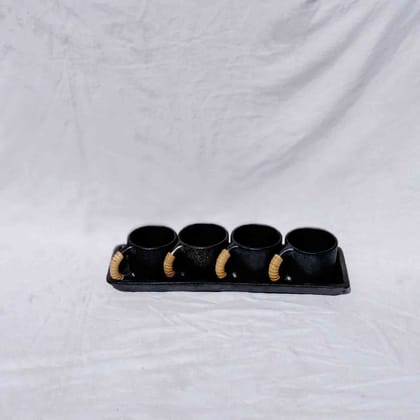 Longpi Black Pottery Coffee-Mugs & Tray Set