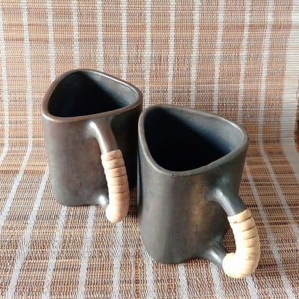 Longpi Black Pottery Trikon Coffee Mugs Set of 2