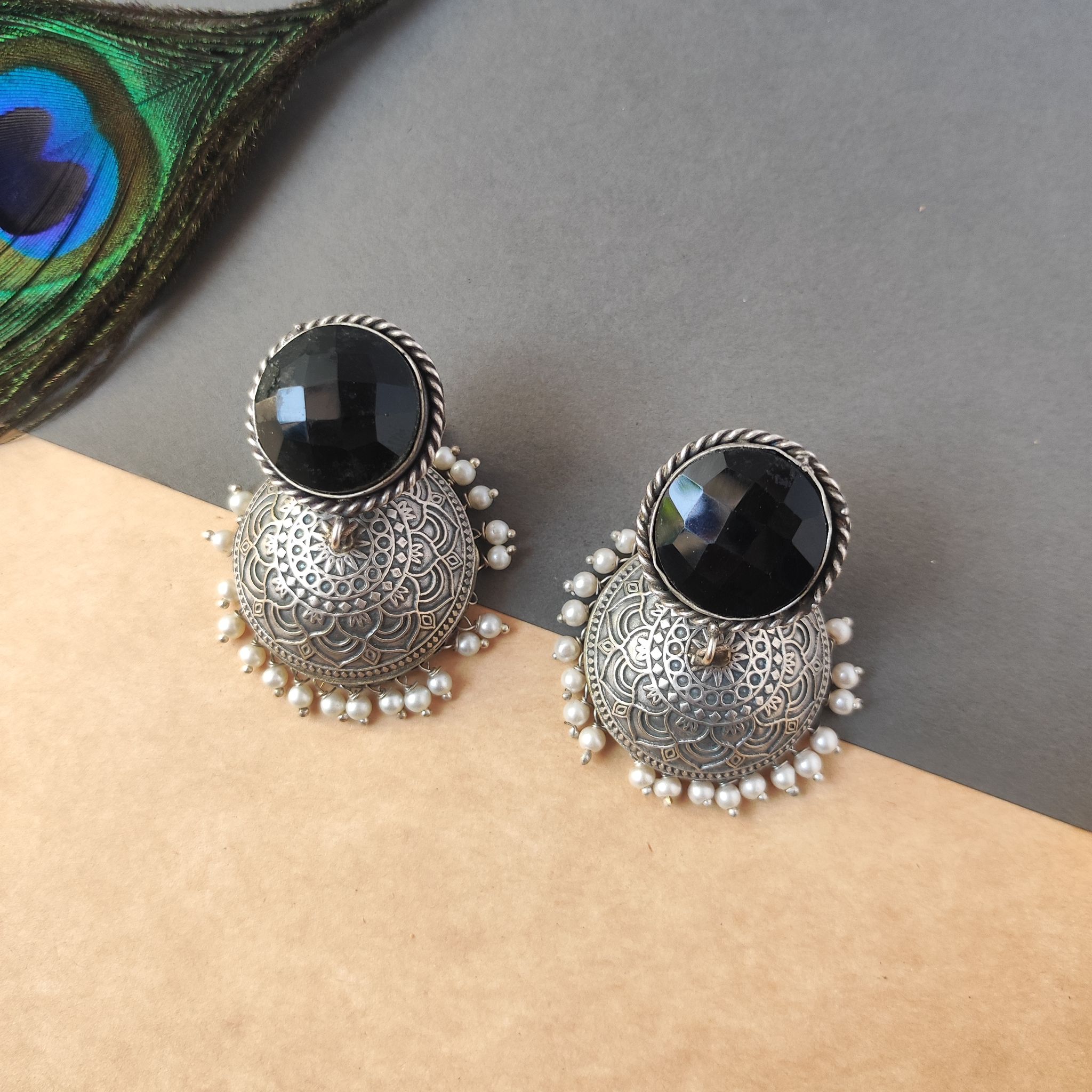 Beautiful Silver Look Alike Oxidised Big Monalisa Jhumka Earrings