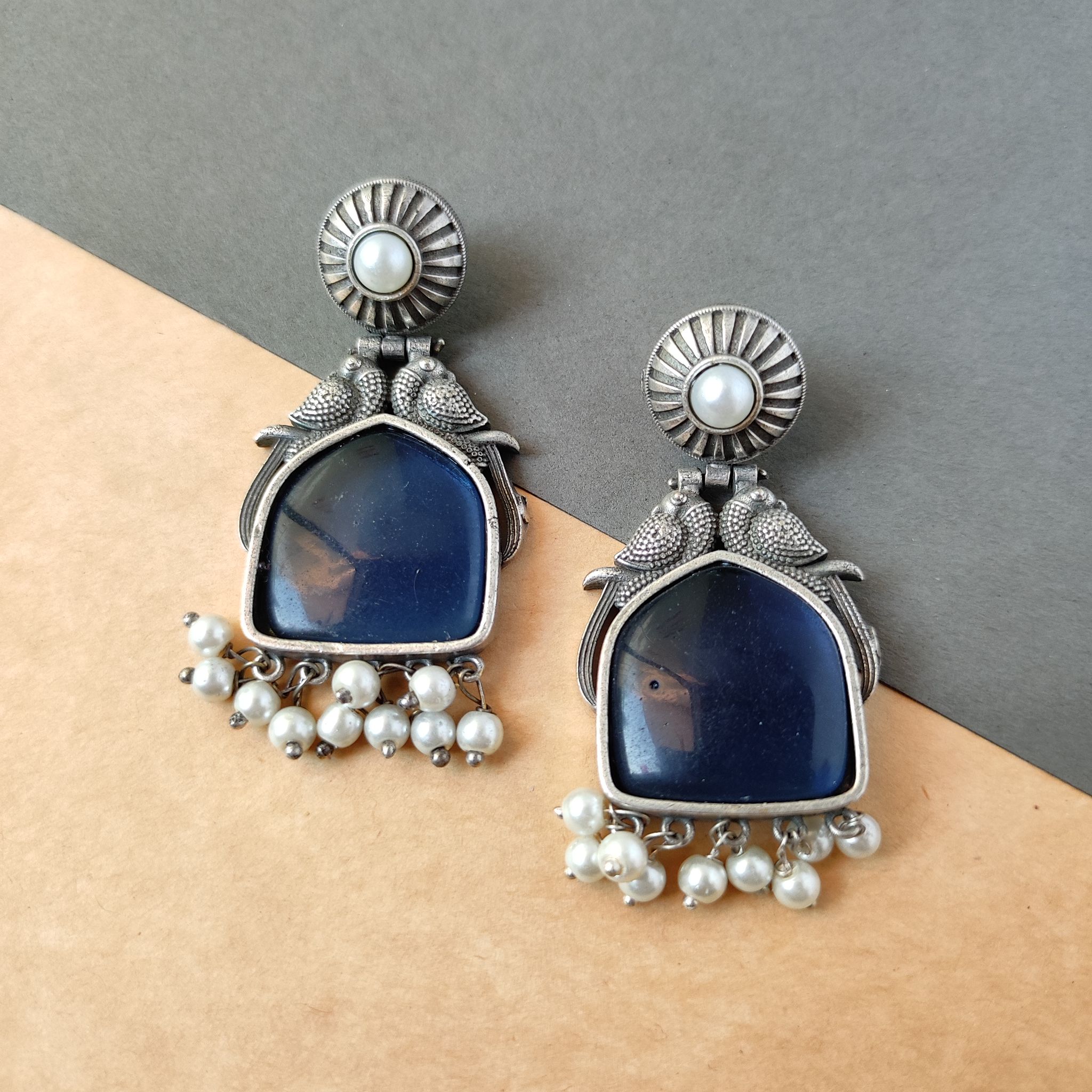 Trendy silver look alike oxidised monalisa stone chandbali earrings for women indian ethnic jewellery beass quality earrings under 250