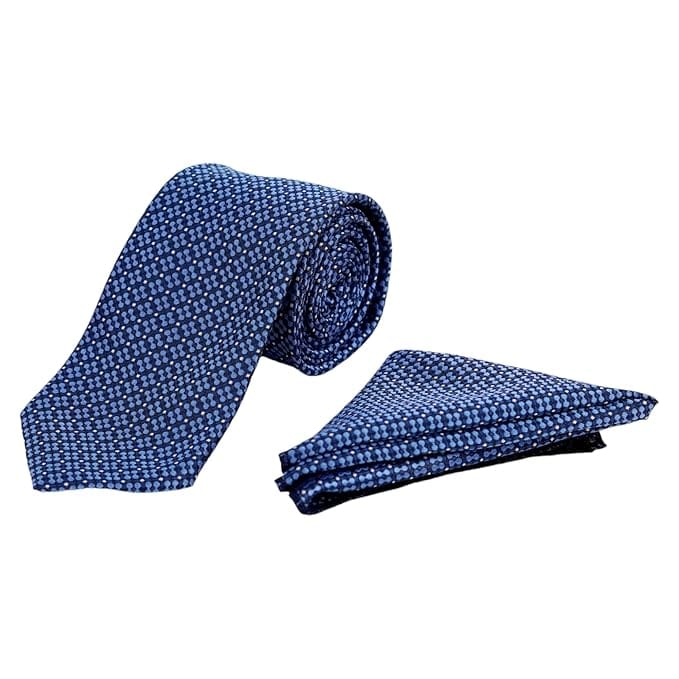 THE DELHI LOOM Elegant Navy Blue Necktie Set with Matching Pocket Square featuring a Subtle Blue Geometric Dot Pattern, Encased in a Premium Wooden Box.