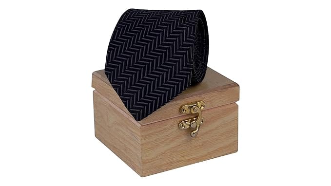 THE DELHI LOOM Zig Zag Premium Black Grey Necktie in a Wooden Box