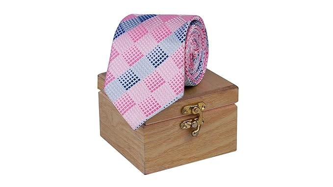 THE DELHI LOOM Pink Plaid Elegance Micro Poly Necktie | Hand-Stitched Design in Vibrant Pink, Blue, and White with Premium Wooden Gift Box for Business, Casual Wear, Weddings, and Special Gifting