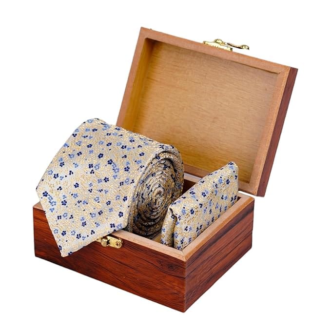 THE DELHI LOOM Floral Fields Necktie Set for Men | Featuring a Premium Handmade Silk Necktie and Matching Pocket Square | Presented in a Luxurious Wooden Box for Formal and Special Occasion Wear