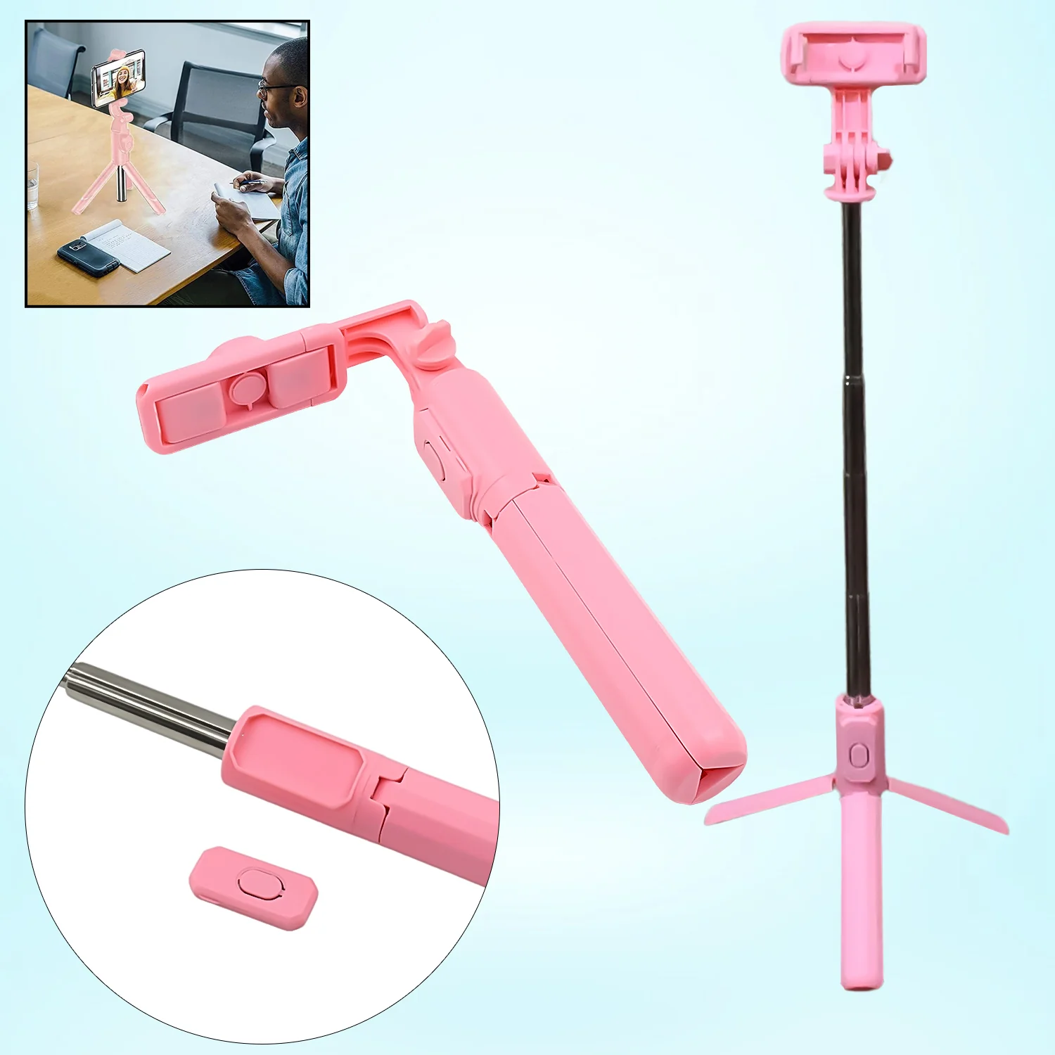 Extendable Tripod Selfie Stick with Detachable Wireless Remote for Smartphones, Pink