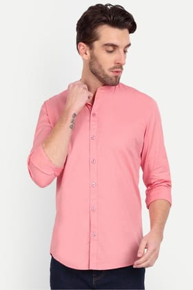 Men Slim Fit Mandarin Collar Dusty Pink Shirt