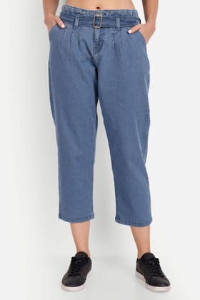 Women Paper Bag Waist Culottes Dark Blue Jeans