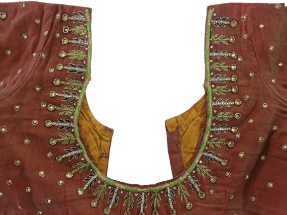  Embroidered boat neck blouse with mirror work