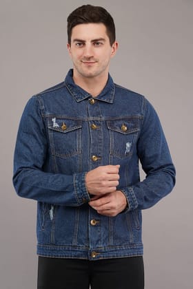 MEN BLUE DISTRESSED DENIM BIKER JACKET