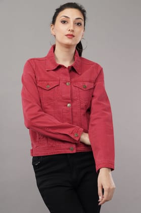 WOMEN MAROON DENIM BIKER JACKET