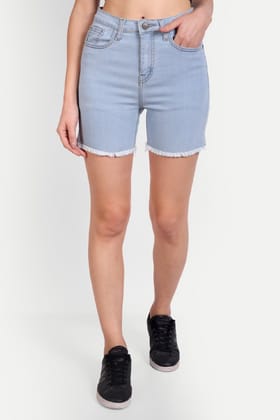 Women Fringed Light Blue Denim Shorts