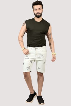 Men White Printed Denim Shorts