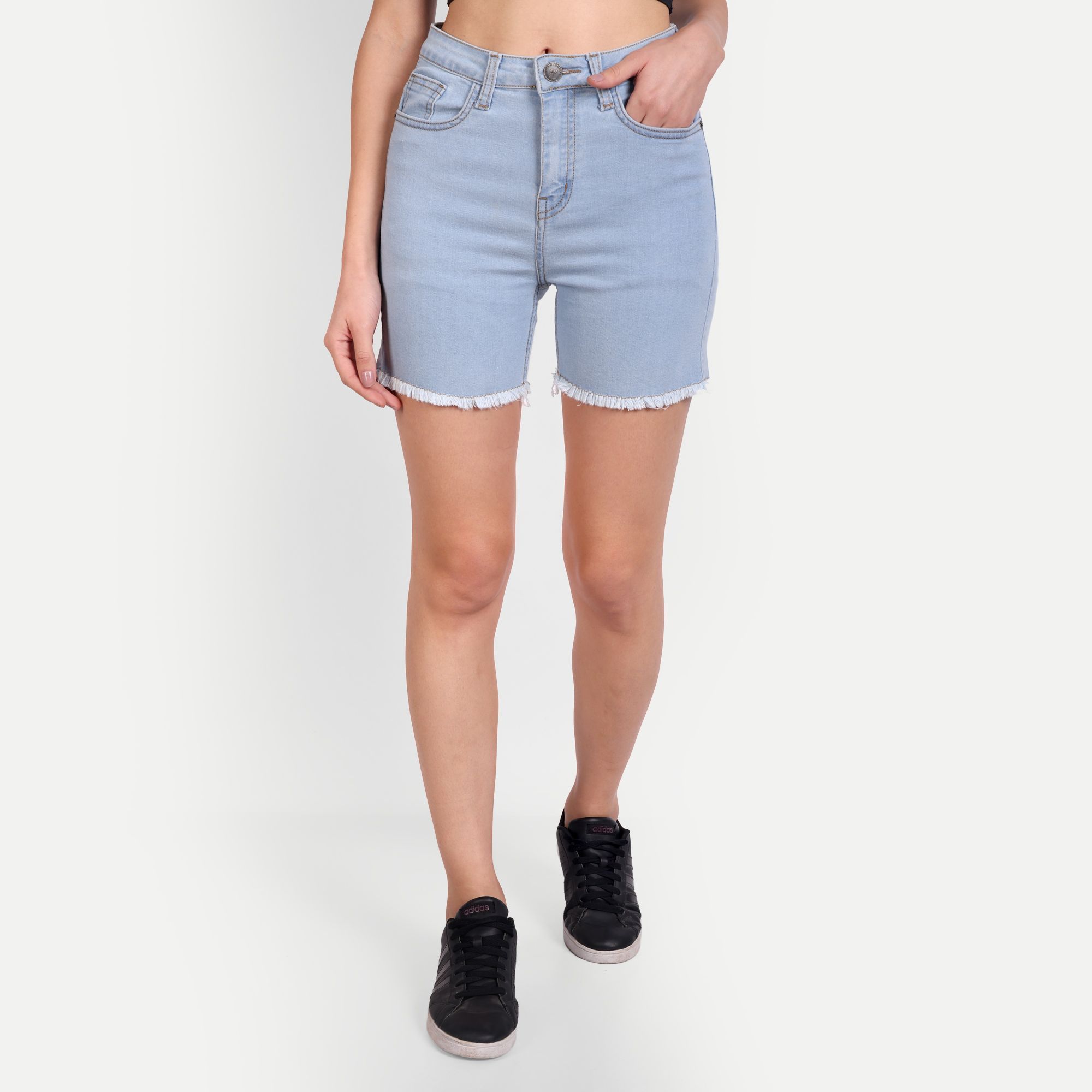 MEGHZ Fringed Light Blue Denim Megan Shorts