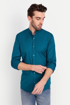 Men Slim Fit Mandarin Collar Turquoise Shirt