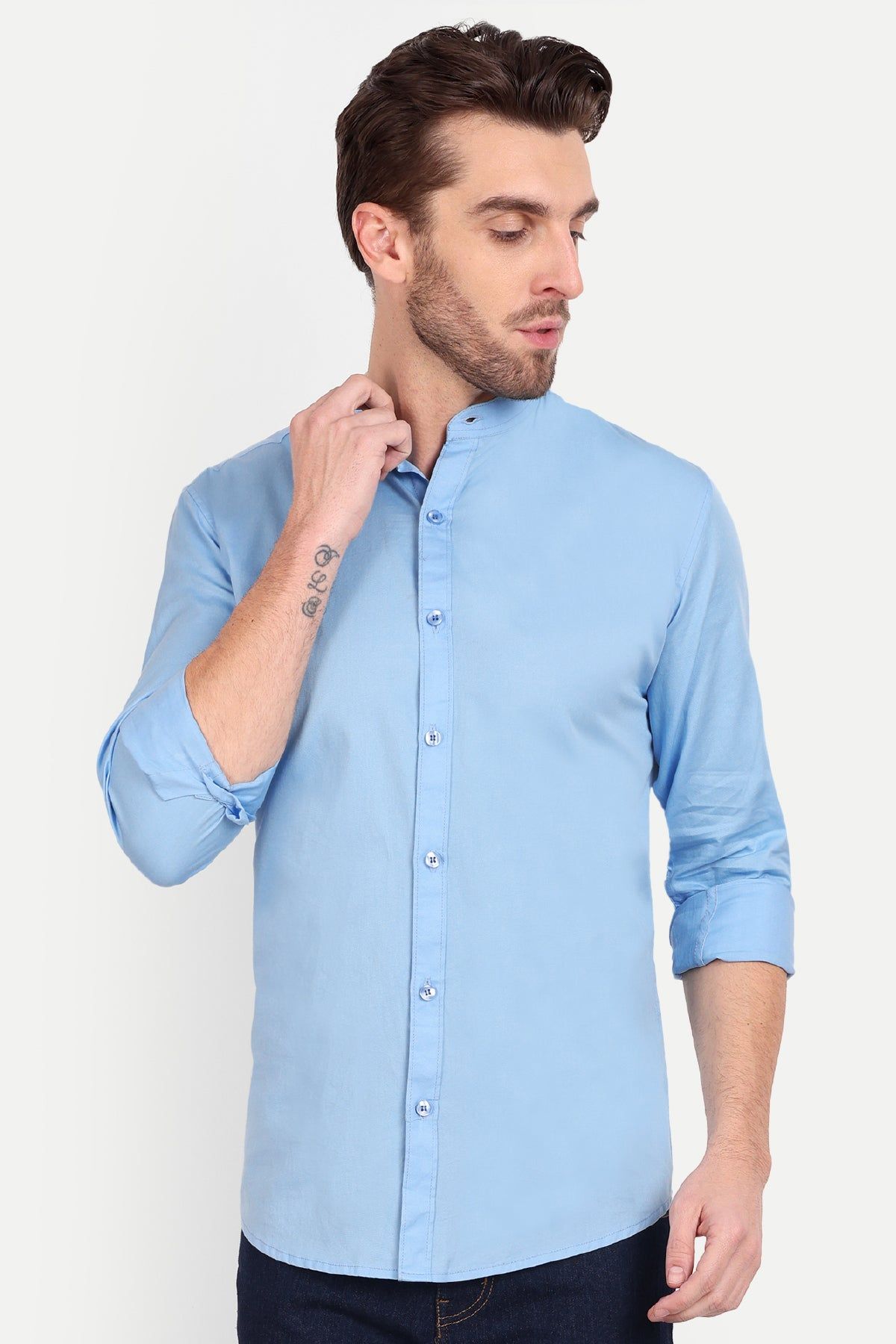 Men Slim Fit Mandarin Collar Sky Blue Shirt