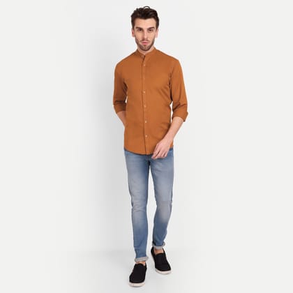 Men Slim Fit Mandarin Collar Copper Shirt