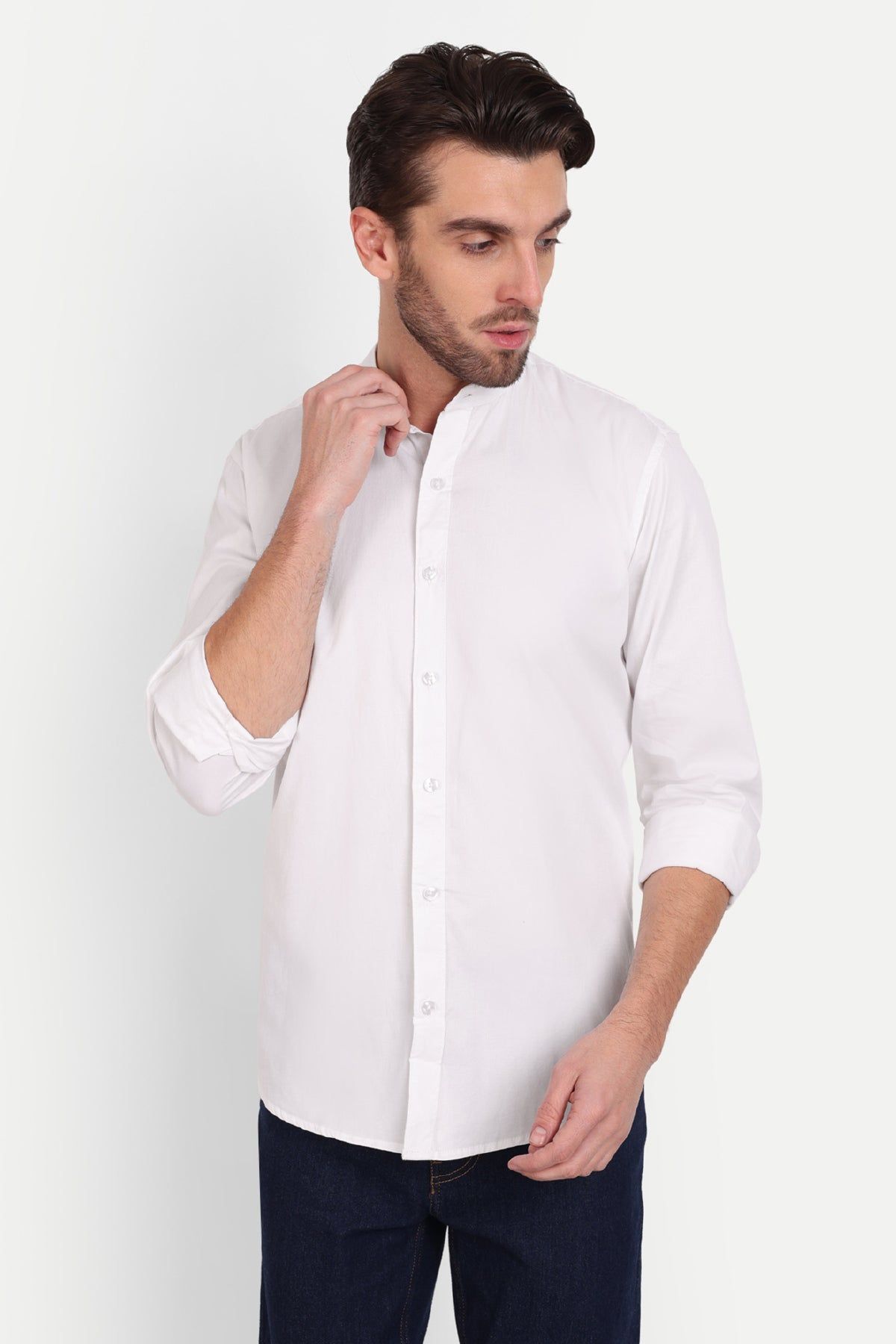 Men Slim Fit Mandarin Collar White Shirt