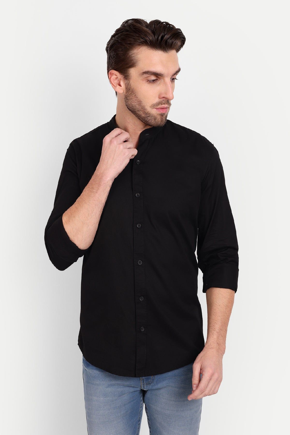 Men Slim Fit Mandarin Collar Black Shirt