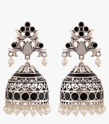  Black Jhumka Earrings with Pearls and Silver Accents