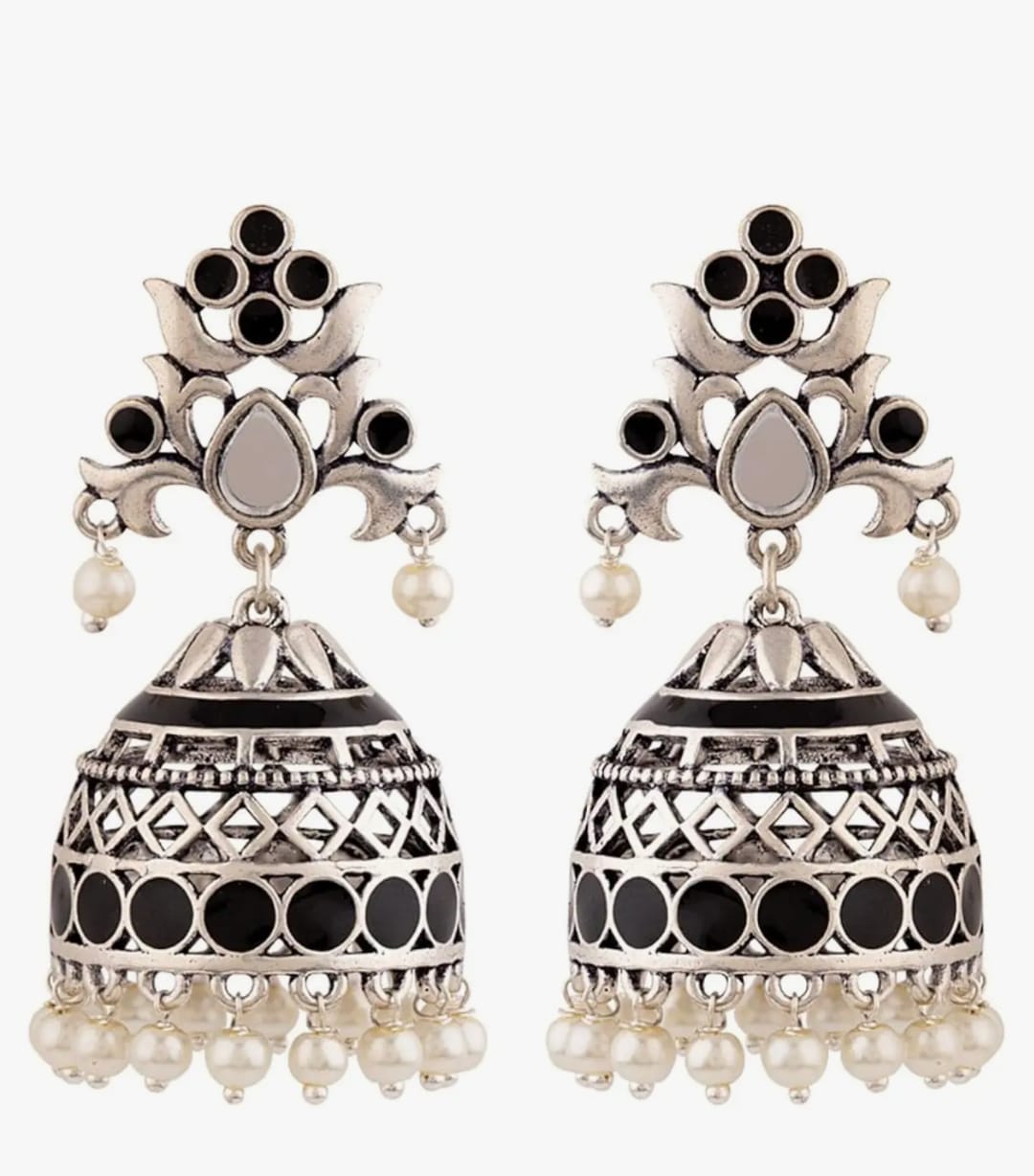  Black Jhumka Earrings with Pearls and Silver Accents